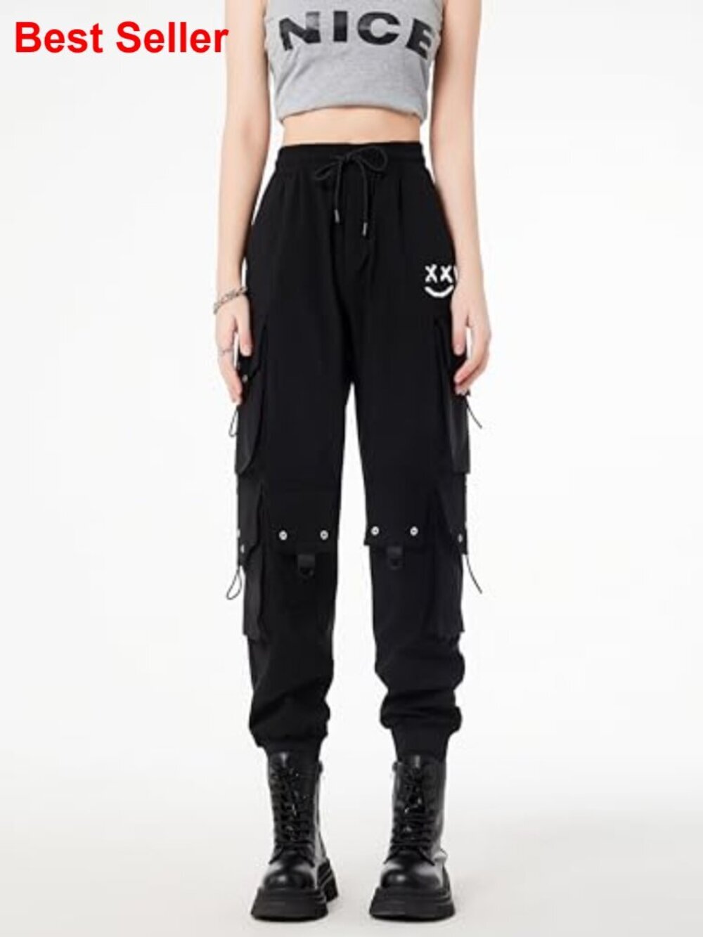 Nylon Spandex Cargo Pants High Waist Adjustable Drawstring Techwear Joggers - Picture 2 of 7